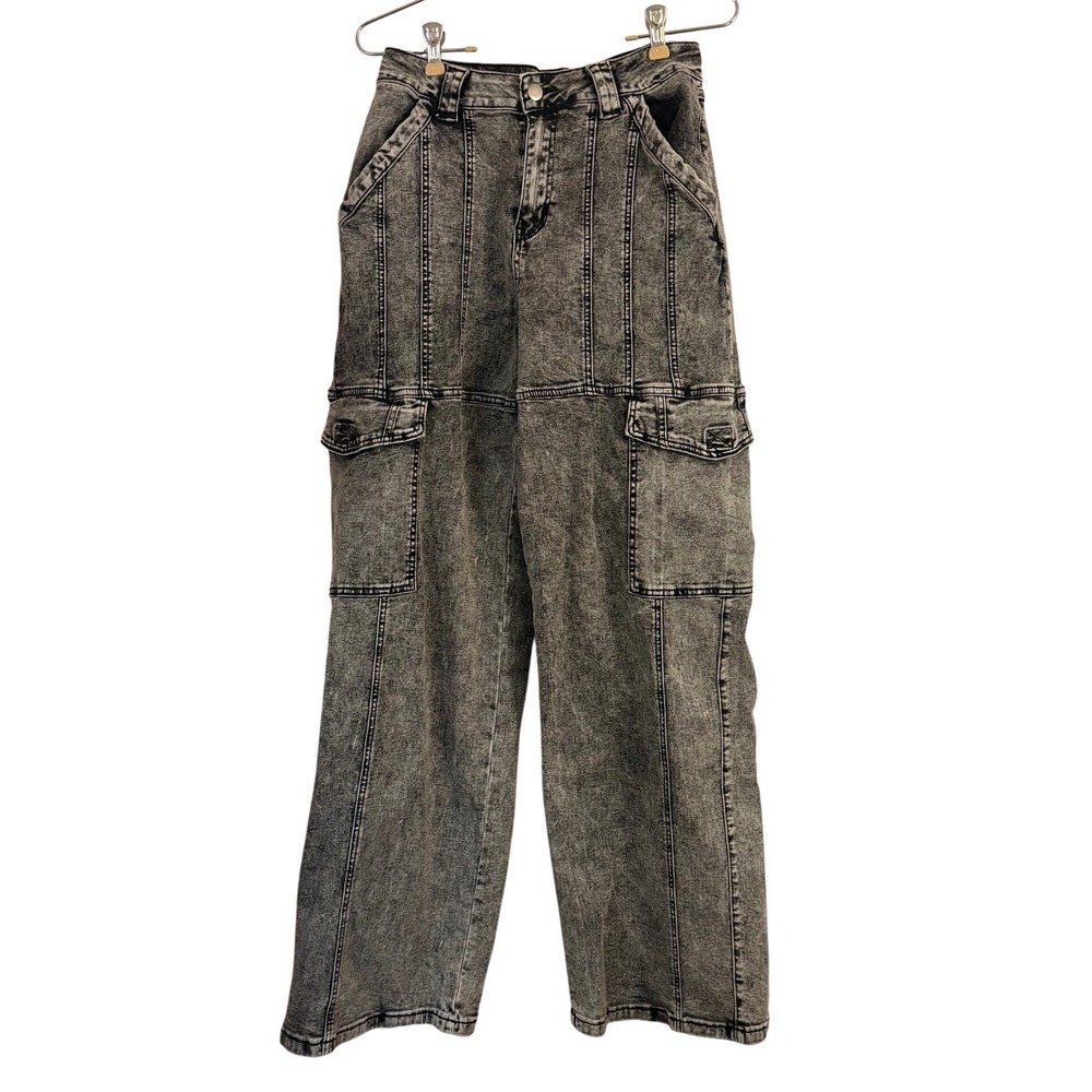 American Bazi Grey Acid Wash Cargo Jeans Wide Leg High Rise RJH-9254 Womens M - Picture 2 of 5